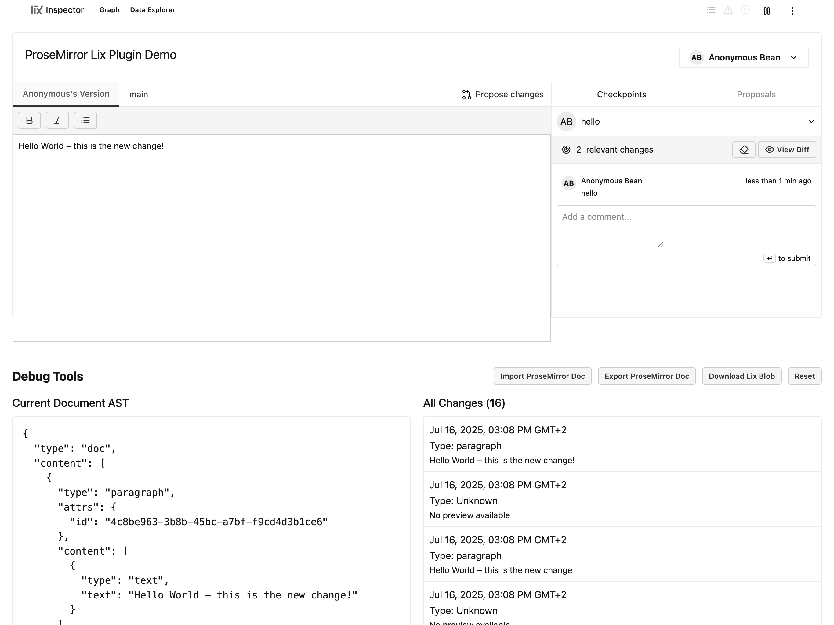 ProseMirror editor with Lix version control